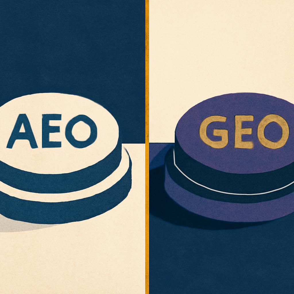 Schema en deux colonnes opposant AEO et GEO sur leurs points de différence principaux