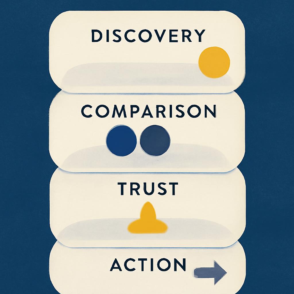 Empilement de quatre couches de prompts representant les étapes Discovery, Comparison, Trust et Action d'un parcours d'achat