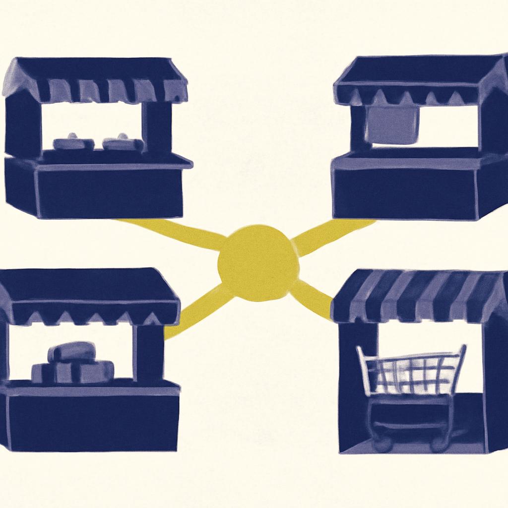 Schema stylise representant une plateforme marketplace connectant plusieurs vendeurs a un site e-commerce
